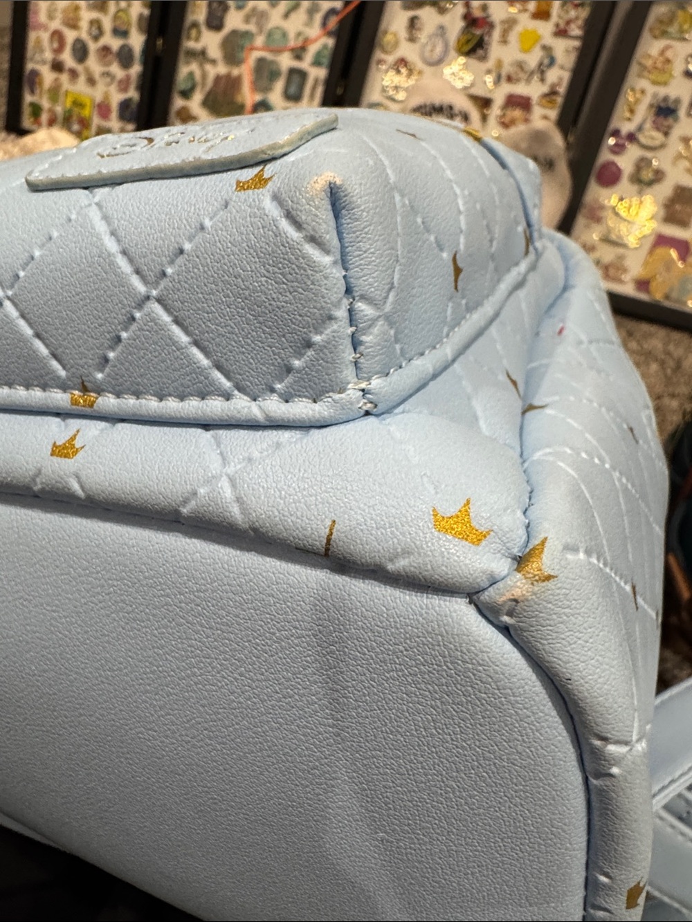 Disney Pale Blue Quilted Mini Backpack with Gold Cinderella Castle Emblem - Picture 8 of 9